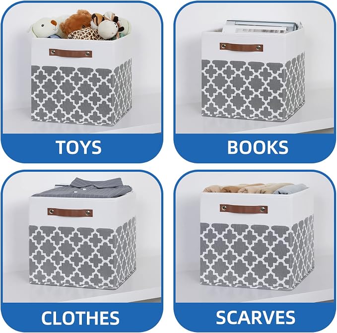 Temary 12x12x12 Fabric Storage Bins 4 Pack with Leather Handle, Foldable Cubes Storage Box Baskets for Closet, Shelf (White&Lattice) - Image 4