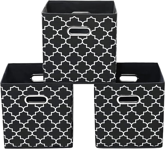 11 Inch Cube Storage Bins , Fabric Cube Organizer Bins with Handle, Foldable Cube Bins for Cloth or Accessary Storage, 11x11x11 Set of 3 (Black Light) by Yunkeeper