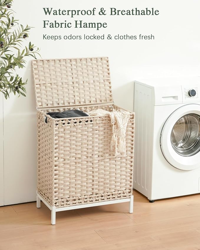 SETVSON Laundry Hamper with Lid, Wicker Laundry Basket, 112 L, Light Khaki | Handwoven PE Rattan, 2 Removable Liner Bags, Metal Heightened Feet, 6 Mesh Bags, Clothes Hamper for Bathroom Bedroom - Image 2