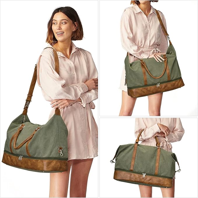 S-ZONE Weekender Bags for Women and Men Travel Duffel Bags with Shoe Compartment Overnight Carry on Duffle Tote Bag | Soft Canvas and Leather Trim, with Toiletries Bag,Carry-on Size,Trolley Sleeve,Adjustable Shoulder Strap,Shoe Compartment - Image 2
