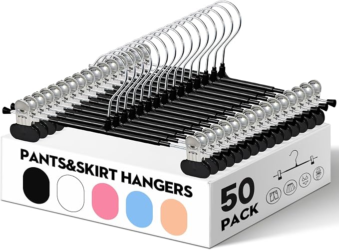 HUADYMEET 50 Pack Heavy Duty Pants Skirt Hangers with Clips,Black,12 Inch | Metal,Space Saving,Adjustable,Hanger for Jeans Shorts Clothes Slacks Trousers,For Adult Men Women Children,Non Slip - Image 2