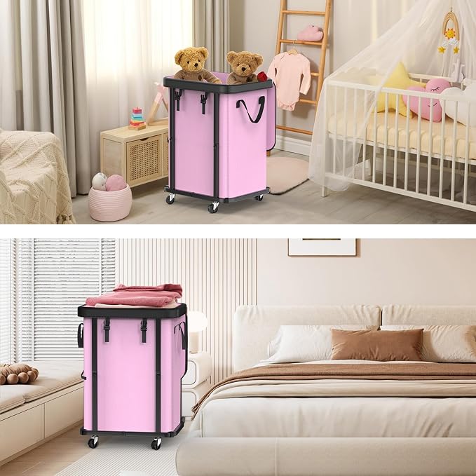 Laundry Basket with Wheels,150L (40 Gal) Rolling Hamper Carts - Pink | Leather Patchwork Laundry Hamper,Sturdy Metal Frame, Removable Washable Bag, Tall Clothes Sorter for Bedroom, Laundry Room - Image 7