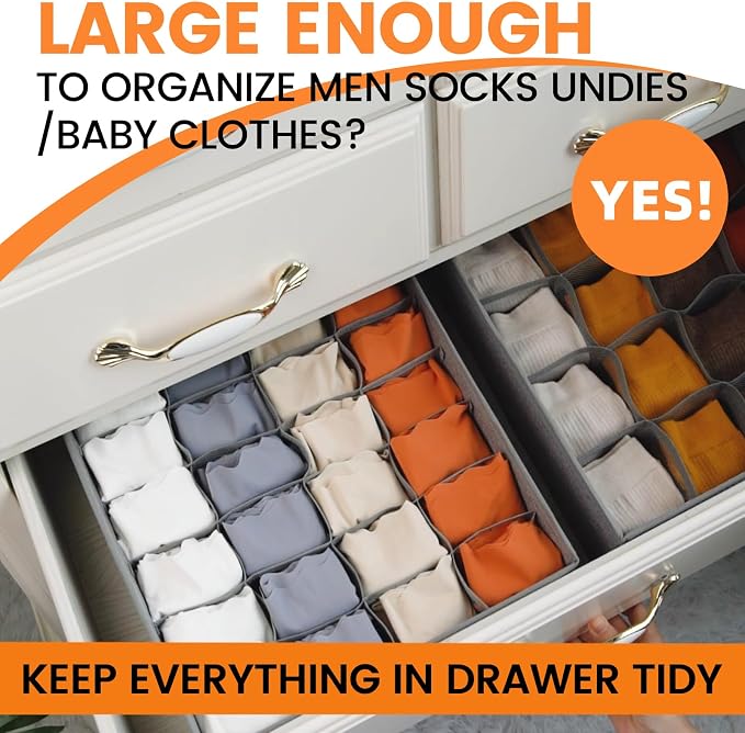 3 Pack Sock Underwear Drawer Organizer Dividers, 64 Cell Fabric Foldable Dresser Organizer for Closet Organizers and Storage Boxes for Organizing Socks, Underwear, Ties (16+24+24 Cell, Gray) - Image 3