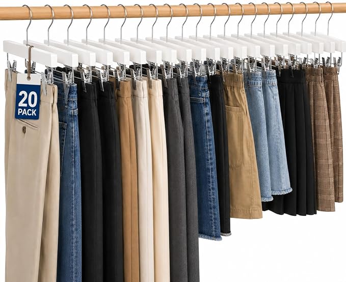SereneLife Premium Wooden Pants Hangers 20 Pack, Solid 14" Wood Skirt Hangers with 2-Adjustable Clips, Heavy Duty & Anti Slip Wood Bottom Hanger for Slacks, Jeans, Trousers, Shorts (White) by SereneLife