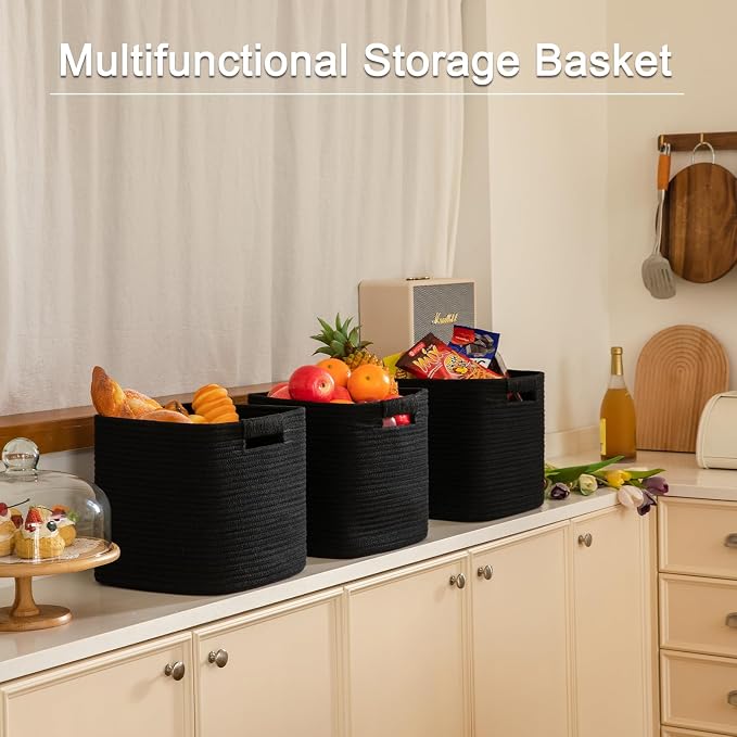 OIAHOMY Storage Cubes 11 Inch Storage Bins-3-Pack, Cotton Rope Woven Baskets for Organizing, Square Storage Baskets for Shelves Organizer, Classroom, Kids Toy Bins, Closet, Baby Nursery-Black - Image 6