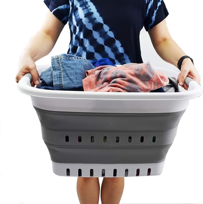 SAMMART 37L (9.77 gallon) Collapsible Plastic Laundry Basket - Foldable Pop Up Storage Container/Organizer - Portable Washing Tub - Space Saving Hamper/Basket (2, White/Grey) - Image 7
