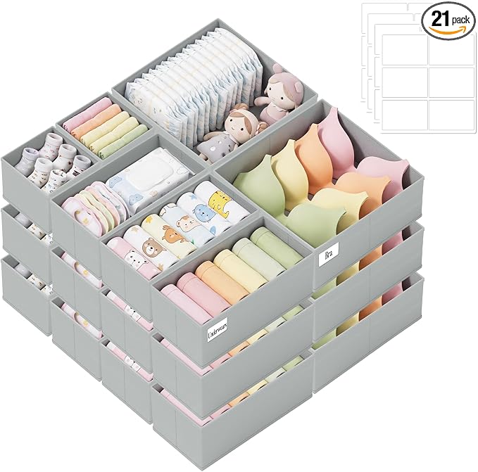 Drawer Organizer Clothes 21 Pack Washable Fabric Closet Storage Bins Flat Bottom Board Dresser Dividers for Bedroom Wardrobe Nursery Clothes Socks Underwear Bins, Grey by SIXDOVE