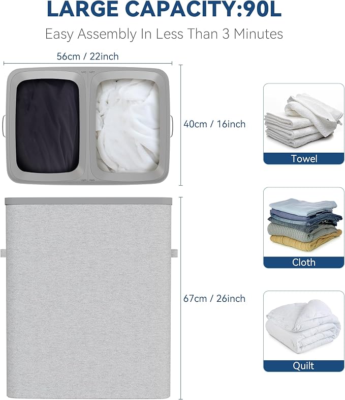 Dual Section 90 liter/23.8 gallon Laundry Hamper Separation Basket with lid, 2 Removable Washing Bags with Handles,Large Laundry Sorter for Easy Clothes Separation - Gray - Image 2
