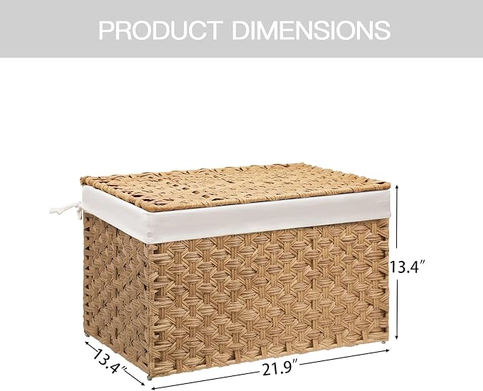 Wicker Storage Basket with Lid, 17.2 Gallon (65L) Small Blanket Basket with Lid, Woven Storage Bin with Handles, Removable Liner, Metal Frame, Foldable, for Bedroom, Laundry Room, Natural - Image 3