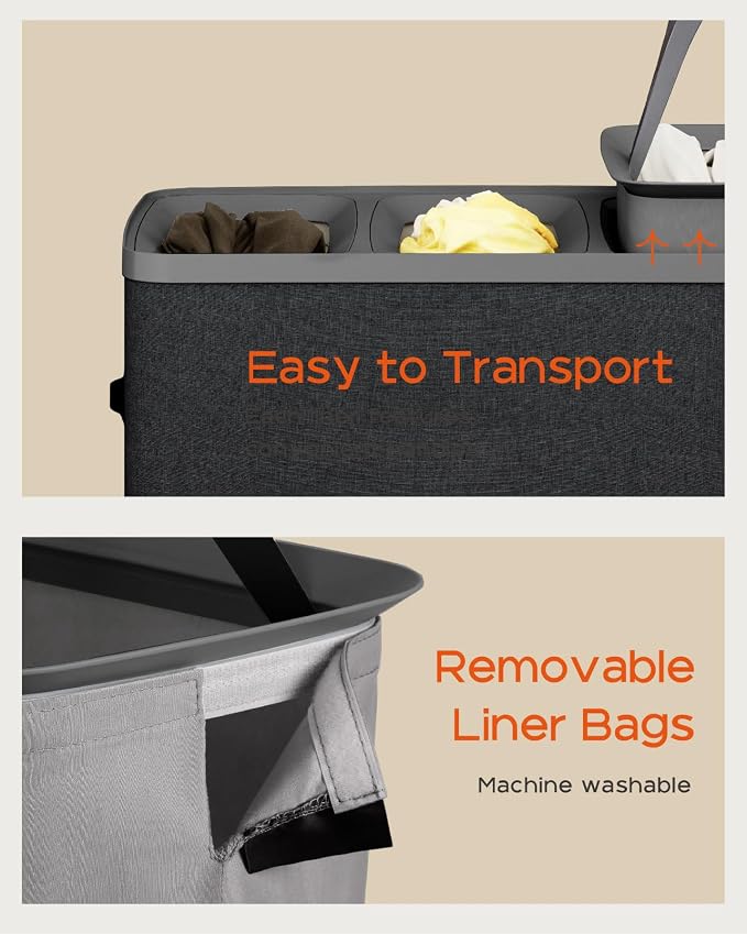 CASAMAYA Laundry Basket with Lid, Laundry Hamper 3 Section, 190L collapsible Laundry Organizer, Easy Assembly,with Handles and Removable Liners, 25.2 x 15.7 x 29.5 Inches, Black JSP904B - Image 4