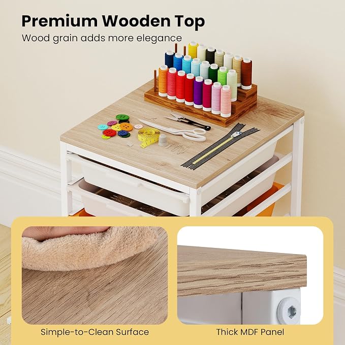 GOFLAME 6-Drawer Rolling Storage Cart, Craft Storage Cart with Wooden Tabletop and Lockable Wheels, Art Cart Supply Storage Organizer with Metal Frame for Home Office Classroom, Macaron Color - Image 5