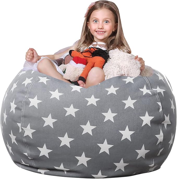 WEKAPO Stuffed Animal Storage Bean Bag Chair Cover for Kids | Stuffable Zipper Beanbag for Organizing Children Plush Toys Large Premium Cotton Canvas (Grey Star, XX-Large) by Wekapo