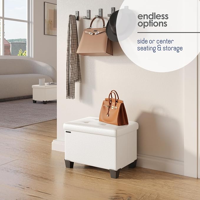 Storage Ottoman Cube with Small Bin, 16-in Square Ottoman with Storage for Living Room and Bedroom, Small Ottomans Foot Rest, Leather Foot Stools Ottomans Max 330lbs, Cream - Image 6