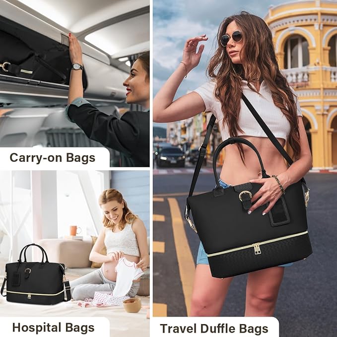Leather Weekender Bags for Women, Travel Duffel Bag PU Overnight Bag Carry On Tote Bag with Shoe Compartment Wet Pocket - Image 3