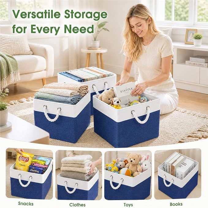 Fabric Storage Cubes 13 x 13, Collapsible Storage Bins for Shelf Baskets, Cube Storage Organizer White Navy Bins with Cotton Handles,Foldable Storage Bin box,Cube Storage Bin 6 Pack - Image 3