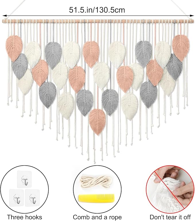 Alynsehom Large Macrame Wall Hanging, Boho Woven Tapestry, Chic Modern Bohemian Handmade Leaf Feather Wall Art Home Decor for Apartment Dorm Living Room Bedroom Nursery Backdrop (51.5" W X 33.5" L) - Image 2