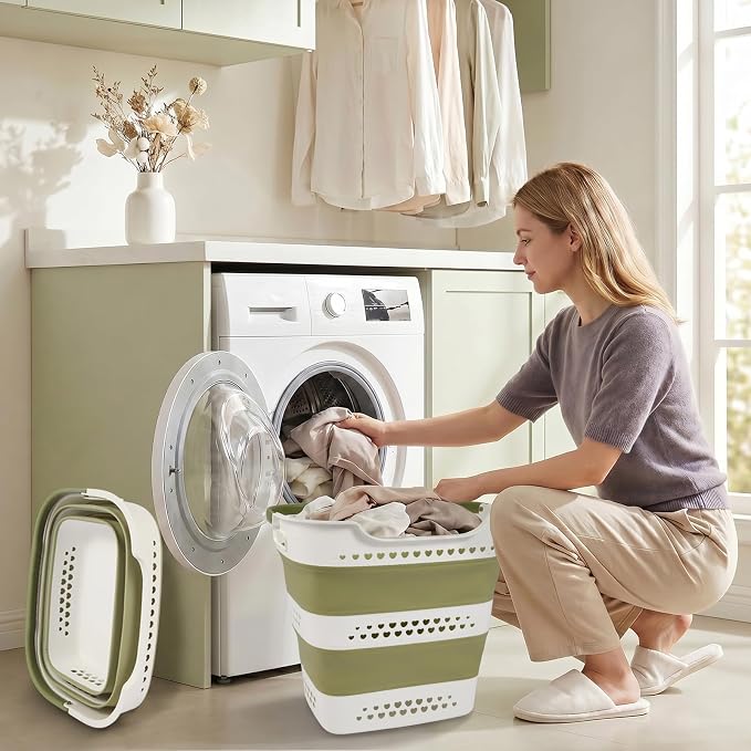 2 Pcs 42L/11.2 Gal Collapsible Laundry Basket - Foldable Plastic Pop Up Hamper with Handles, Space-Saving Storage Organizer for Wet & Dry Clothes, Ideal for Home, Dorm and Apartment Use Green - Image 2