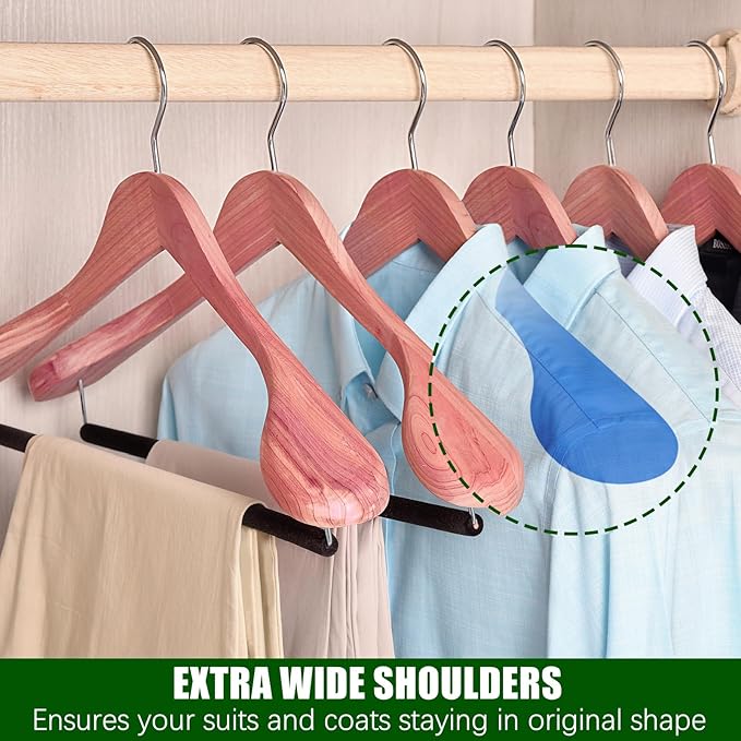 Amber Home 10 Pack Cedar Wood Suit Coat Hangers with Extra Wide Shoulder | Wooden Clothes Hangers with Non-Slip Velvet Pant Bar, Natural Cedar Hangers for Coats & Jackets - Image 3