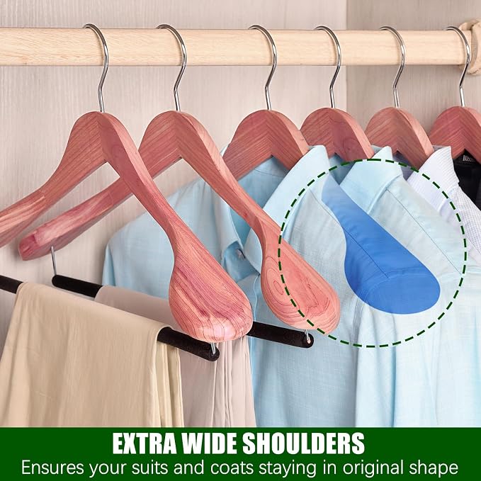 Amber Home 10 Pack Cedar Wood Suit Coat Hangers with Extra Wide Shoulder | Wooden Clothes Hangers with Non-Slip Velvet Pant Bar, Natural Cedar Hangers for Coats & Jackets - Image 3