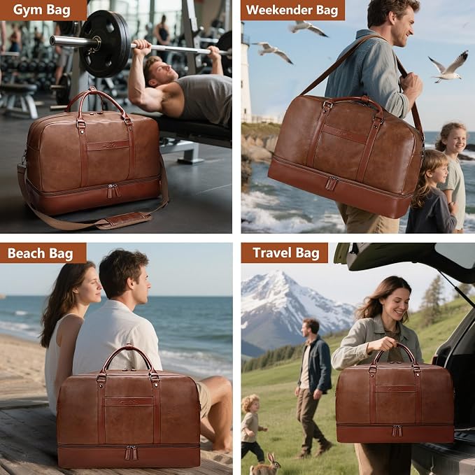 Large 4-in-1 Leather Duffle Bag for Travel Weekender Overnight Hospital Gym Bag for Men & Women, Carry On Airline Approved Personal Item Duffel Garment Bag Luggage with Shoe Compartment & Toiletry Bag - Image 6