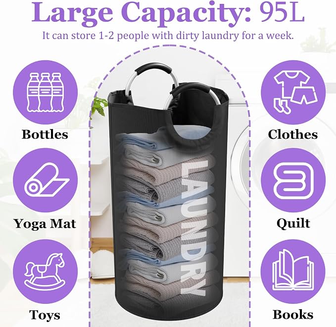 95L Large Laundry Hamper for Adult, Foldable Black Laundry Basket with Soft Handles, Freestanding Dirty Clothes Hampers, Portable Laundry Bin for Flat, Bathroom, Black - Image 2