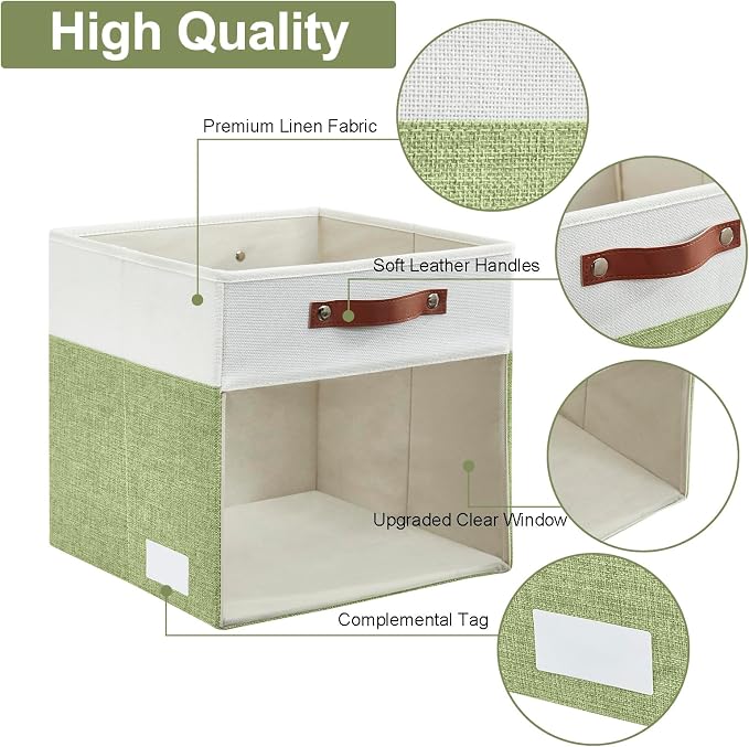Storage Cubes, 4 Pack Linen Foldable Storage Bins with Clear Window and 2 Handles, 13x15x13 for Shelf Closet, Kallax, Clothes, Books - Green/Off-White - Image 4