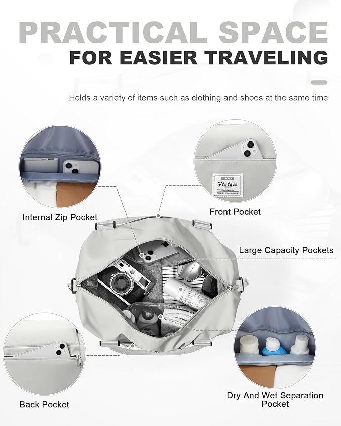 Travel Duffel Weekender Bag Women Tote Carry On Bags With Shoe Compartment | 18x14x8 inches Travel Overnight Bags with Trolley Sleeve for Airplanes Sport Tote Gym for Men Lightweight Daypack Grey. - Image 3