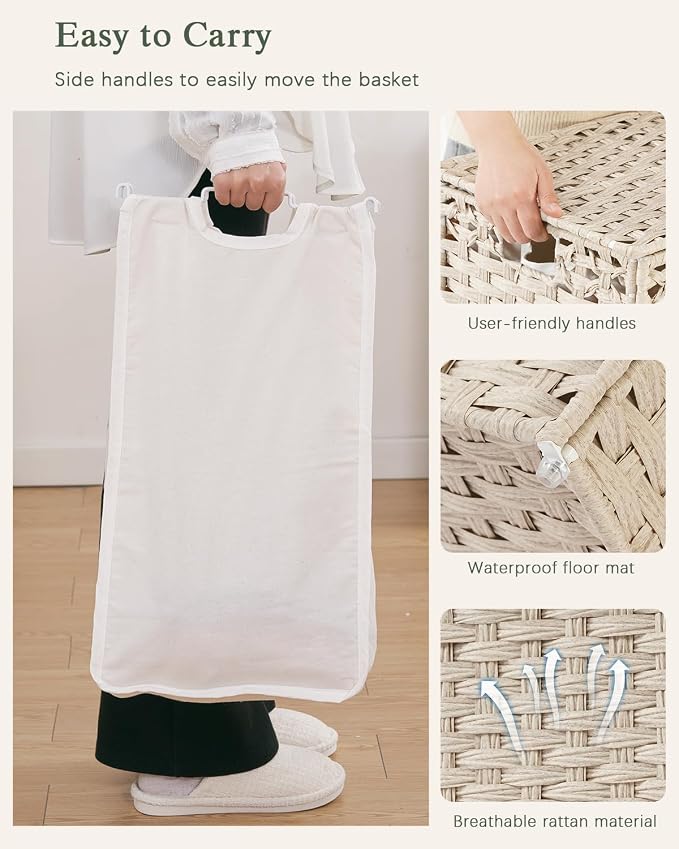 SETVSON Laundry Hamper with Lid PE Rattan Laundry Basket, Light Khaki | Decorative Furniture Look for Bathroom & Bedroom, 2-Section Large Wicker Hamper, 2 Cloth Bags, 6 Mesh Bags Included - Image 6