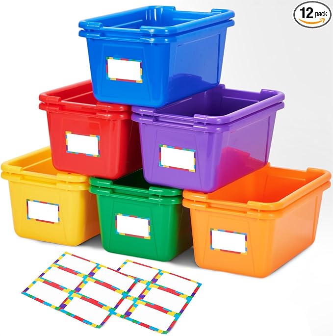 GAMENOTE 6 Quart Plastic Storage Bins Without Lids,12 Pack, Colorful | Stackable 6-quart bins with lids organize classroom supplies, crafts, toys and building blocks for Classroom & Kids Toy by Gamenote
