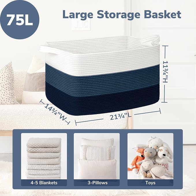 Goodpick Large Woven Rope Blanket Basket, Rectangle, Light Blue | 21.6'' x 14.9'' x 11.8'' Storage Basket for Toys, Books & Blankets, Bedroom & Nursery Organization, Reinforced Handles - Image 3