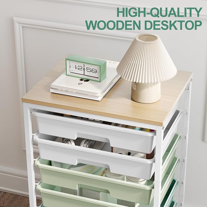 Storage Cart with 8 Drawers, Utility Cart with White Drawers and Wooden Tabletop, Craft Cart, Teacher Organization for Classroom, Storage Furniture, Office Organization, Green | Utility Cart on Wheels with Wooden Tabletop,Teacher Organization for Class... - Image 5