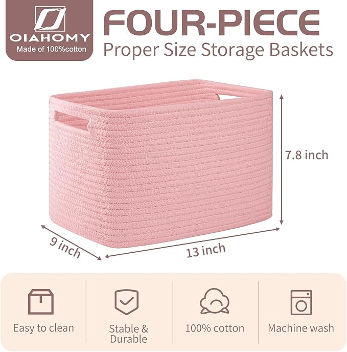 OIAHOMY 4 Pack Storage Baskets for Organizing 15L Cube Storage Bins Pink | Woven Baskets for Storage Rectangle Small Baskets With Handles Baskets for Shelves Wicker Baskets for Shelves 12.7x9x7.8inch - Image 2