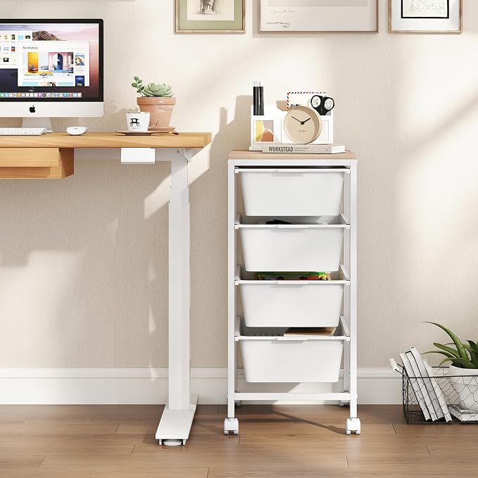Giantex Rolling Storage Cart with 4 Drawers, Utility Cart w/Wooden Tabletop, Lockable Wheels, Multipurpose Organizer for Art Craft Scrapbook Paper, Drawer Carts for Dorm Classroom Office, White - Image 4