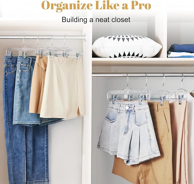 HOUSE DAY 100 Pack Plastic Skirt Hangers, 14'' Non Slip Clip Hangers | Bulk Clear Pants Hangers with Adjustable Clips for Closets, Boutiques, Laundry Rooms, Resale and Retail Displays - Image 8
