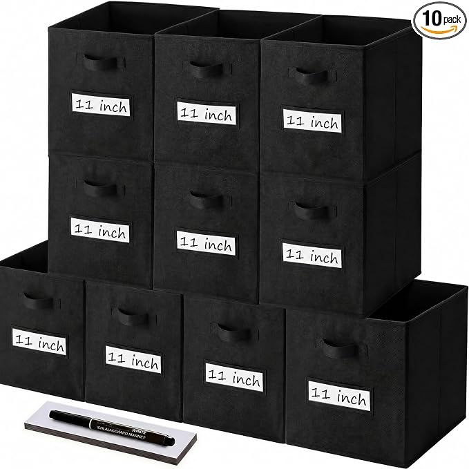 Storage Bins,11" Cube Storage Bin with Labels,10pcs,Black | Fabric Storage Cubes for Shelves,11 Inch storage cube bins with 10 Labels Window Cards & a Pen. by Anyoneer