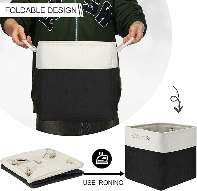 meekoo 8 Pack Collapsible Storage Bins Fabric Storage Bins Polyester Fabric Baskets with Handles Linen Closet Organizer for Shelf Home Closet Towels Toys(12 x 12 x 12 in,Black White) - Image 6