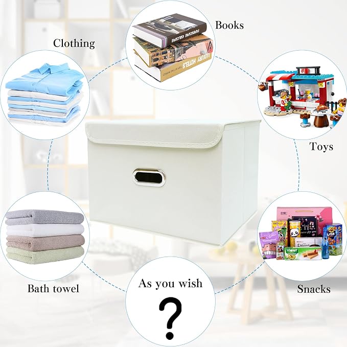 STOREONE Fabric Storage Cube Bins Foldable Organizer Container Collapsible Basket with Lids and Metal Handles, for Home, Bedroom, Closet 8 Pcs (Creamy-White) - Image 3