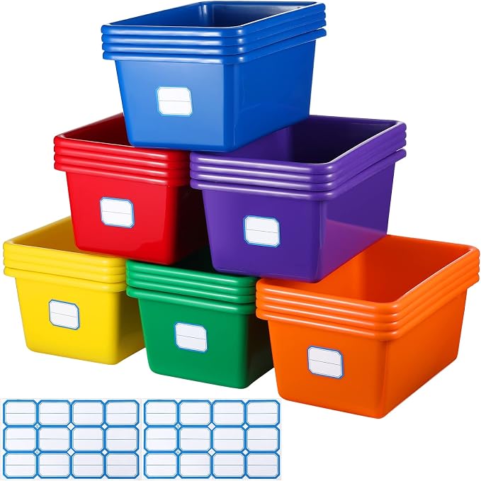 24 Pack Classroom Storage Bins, 11.5 x 7.5 x 5 Inch, Colorful | Plastic Cubby Organizer Bins with Labels, Classroom Stackable Storage Bins, Shelves Book Toy Organization, Cubby Bins Bulk by Hoolerry