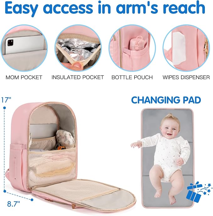 Baby Diaper Bag Backpack, Waterproof Diaper Backpack for Mom & Dad with Changing Pad, Insulated Pockets and Stroller Straps, Baby Shower Gifts for Girls & Boys, Pink - Image 5