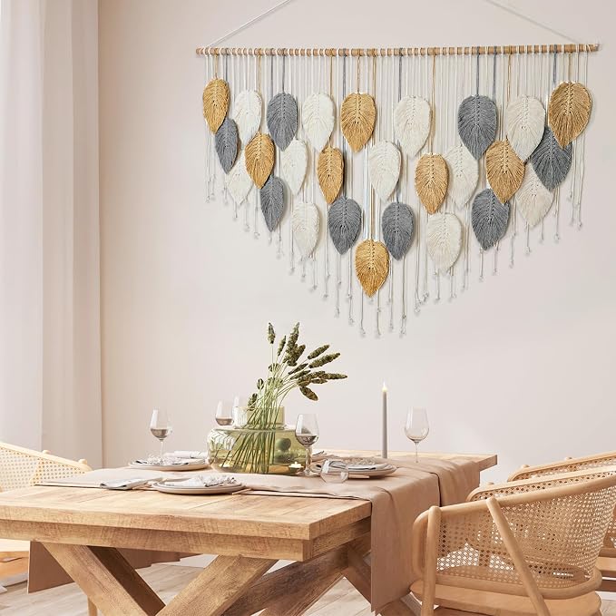 Large Macrame Wall Hanging Boho Woven Tapestry Chic Modern Home Decorations | KHOYIME Bohemian Farmhouse Handmade Leaf Feather Wall Art Decor for Living Room Bedroom Nursery Dorm Backdrop 51.5"W X 33.5"L - Image 4