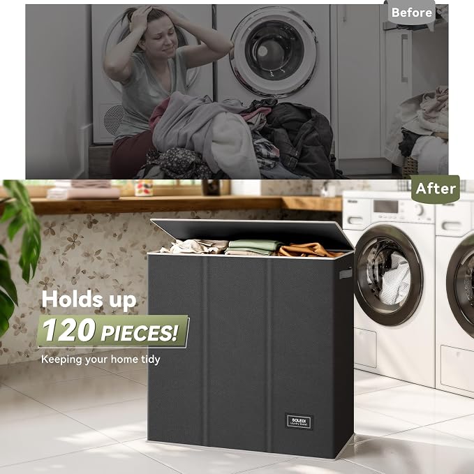 SOLEDI 160L Laundry Hamper 3 Section, Extra Large Laundry Hamper with Lid, Dirty Clothes Hamper with Sturdy Handle, Large Laundry Basket Organizer for Laundry Room, Bedroom, Hampers for Laundry - Image 4