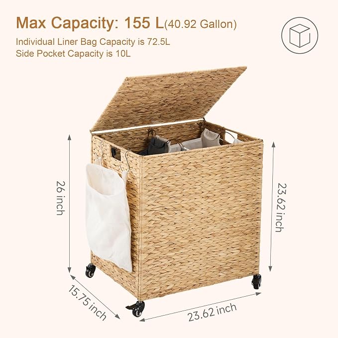 Laundry Hamper with Wheels, 40.92 Gallon(155L) Water Hyacinth Laundry Basket with Lid, 2-Section Wicker Clothes Hamper with 2 Removable Liners, Laundry Sorter with Side Pocket, Natural - Image 4
