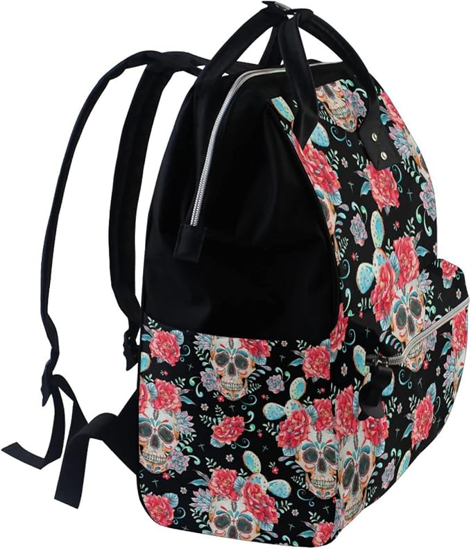 Large Capacity Baby Diaper Bag Watercolor Goth Skull Roses Durable Multi Function Travel Backpack - Image 3