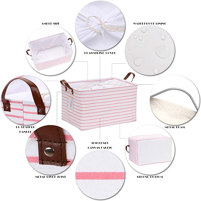 Hinwo 31L Large Canvas Storage Bin with Lid and Handles, 2-Pack | Collapsible Fabric Baskets, Closet Shelf Organizers, Containers for Clothing, Blankets, Toys, Bedding (Pink Stripe) - Image 4