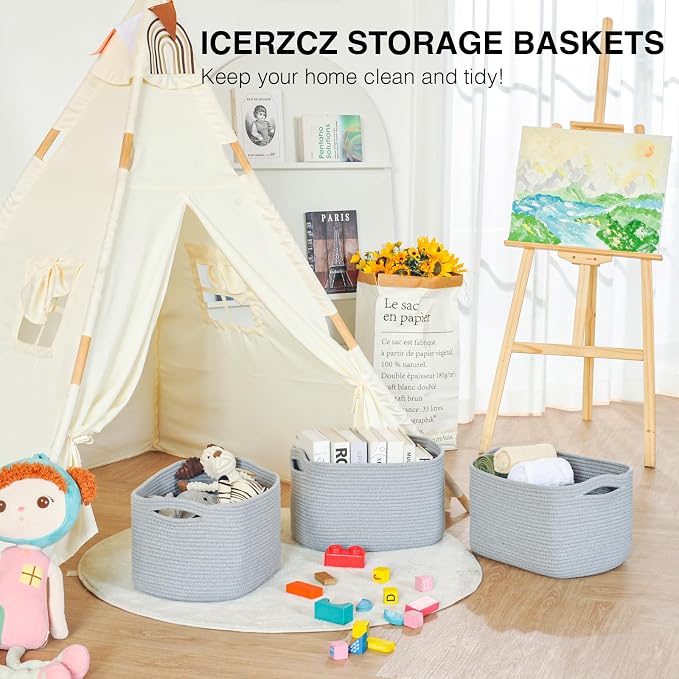 ICERZCZ Storage Baskets for Organizing Shelves, Woven Cotton Rope Bins for Baby Nursery Organization, Book Toy Towel Organizer, 15"x11"x9.5", 3 Packs, Grey - Image 6