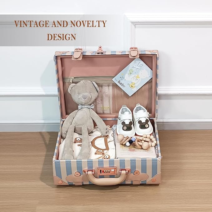 Unitravel Baby Keepsake Case, 16" Handmade Memory Storage Box, Newborn Keepsake Box, Vintage Suitcase for Baby Shower, Baptism, Naming Ceremony or Birthday (blue strip) - Image 2