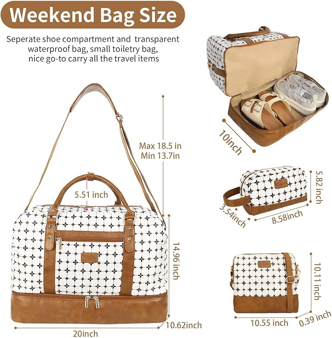 3PCS Weekender Bags for Women Large Overnight Bag, Brown Argyle | Weekender Travel Duffel Bags Carry on Shoulder with Shoe Compartment Toiletry Bag Satchel Bag for Travelling Business Gym - Image 3