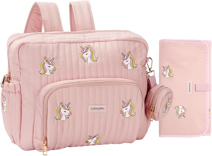 Diaper Bag Backpack with Changing Pad - Travel Baby Bag, Insulated Bottle Pockets, Stroller Straps (Medium - Pink Unicorns) by GoBabyMart