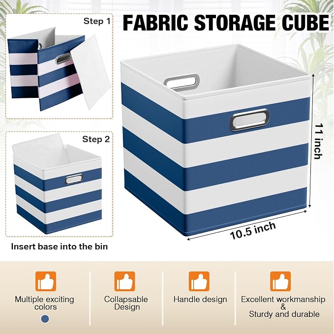 CroBlissful 11 Inch 6 Pack Fabric Storage Cubes with Metal Handles, Back to School Collapsible Organizer Bins for Classroom, Closet, Student Room, Toys and School Supplies (Blue and White) - Image 3