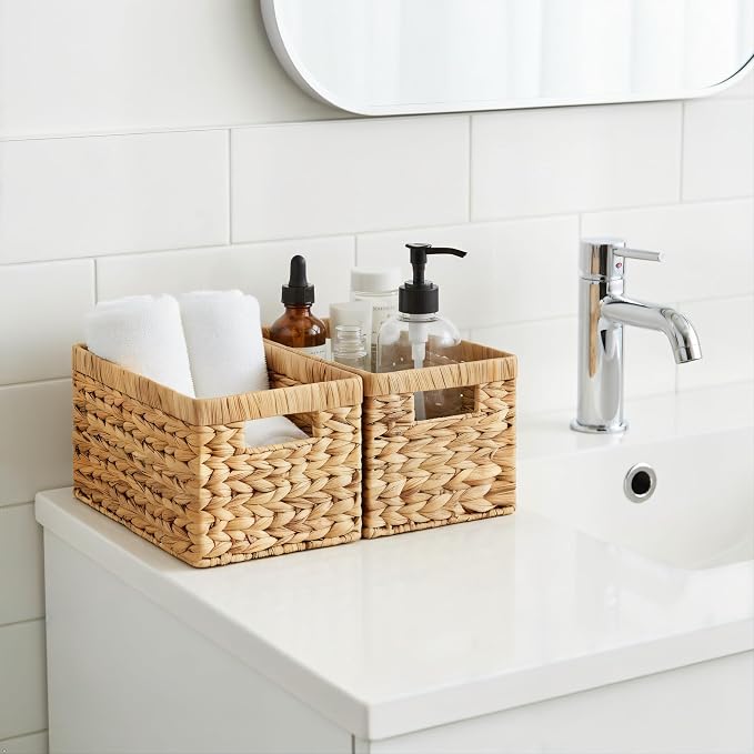 Water Hyacinth Storage Baskets Set of 2 - Medium Decorative Wicker Baskets for Organizing Shelves, Rectangular Woven Storage Bins with Handles for Pantry, Bathroom, Living Room 13"x9"x7" - Image 8